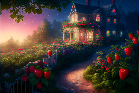 Fairy tale house in the strawberry garden, ai illustrationの素材