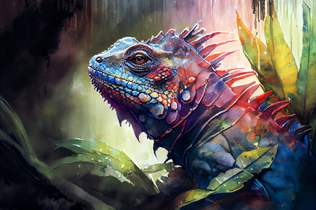 Amazing colorful iguana in the fantasy rain forest, watwrcolour painting style, ai illustrationの素材