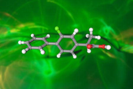 Flurbiprofen, a nonsteroidal anti-inflammatory drug. Molecular model. Scientific background. 3d illustrationの写真素材