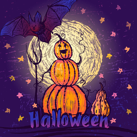 Halloween illustration with pumpkin character and bat on night sky backgroundのイラスト素材