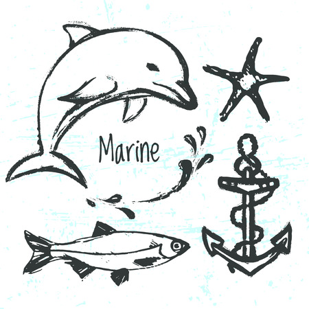 Ink hand drawn elements of marine worldのイラスト素材