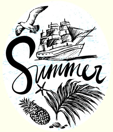 Ink hand drawn Summer trip illustration with ship in the deep, seagull and tropic floraのイラスト素材