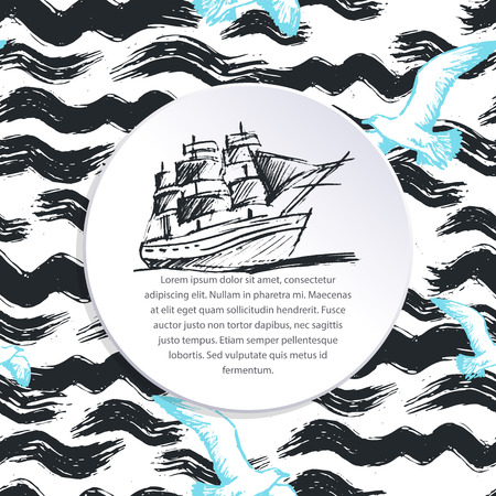 Ink hand drawn Sea cruise vector background on abstract sea seamless pattern with waves and seagullsのイラスト素材