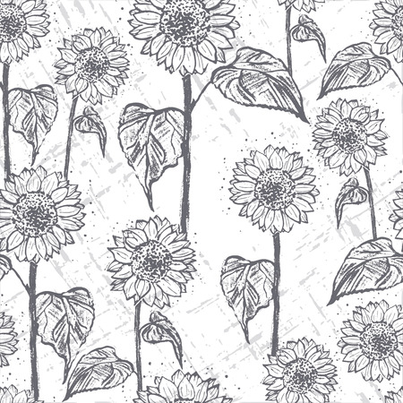 Ink hand drawn seamless pattern with sunflowersのイラスト素材