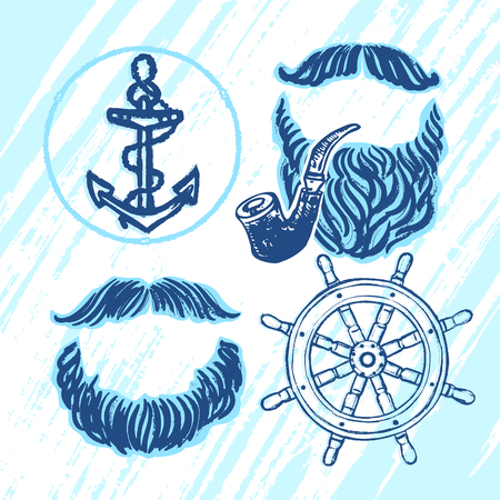 Vector mustaches, beards, smoking pipe, ship anchor and wheelのイラスト素材