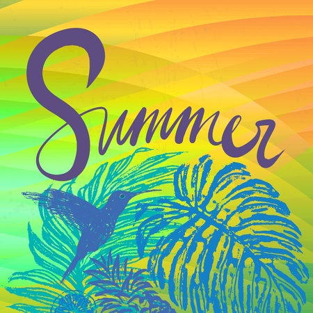 Summer vector background with ink hand drawn tropical flora and hummingbirdのイラスト素材