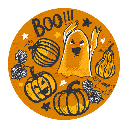 Ink hand drawn round background with halloween symbols and letteringのイラスト素材