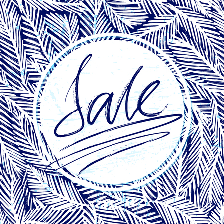 Ink hand drawn background with sale lettering on the fir tree branches seamless patternのイラスト素材