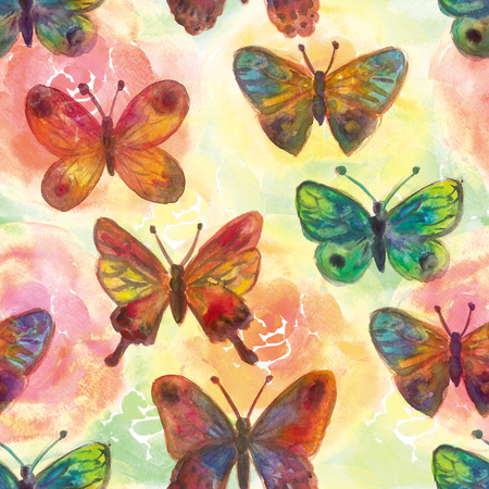 Watercolor painted flowers and butterflies Bright seamless patternの写真素材