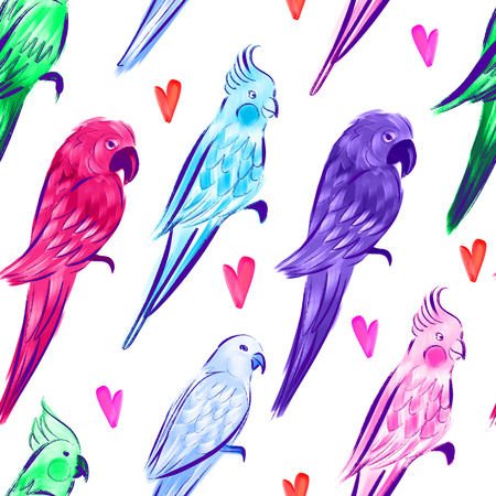 Bright illustration with parrots Seamless design with tropical birdsの写真素材