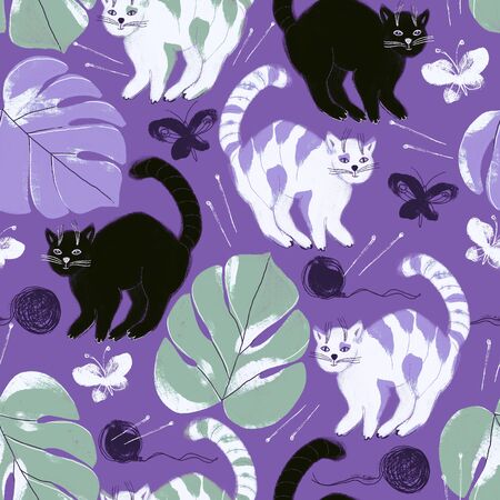 Seamless pattern with digital painted cats and monstera leaves on a violet backgroundの写真素材