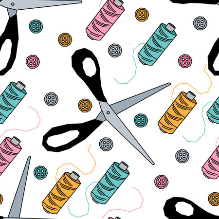 Vector seamless pattern with scissors, threads and buttons