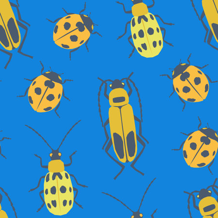 Collection of beetles. Vector seamless pattern with bright and funny insects. Colored geometric...