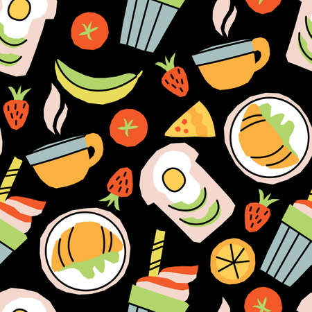 Vector seamless pattern with breakfast items Hot tea and toast with avocado and egg, fruits and a piece of pie, ice coffee and growingのイラスト素材