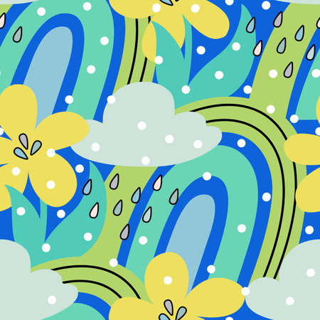 Vector seamless pattern with rainbow in the sky, clouds and raindrops, and blossoming spring flowers