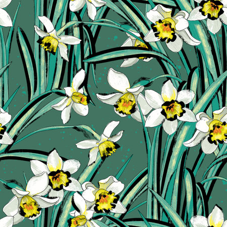Floral design with narcissuses Seamless illustration with spring blooming flowersの写真素材