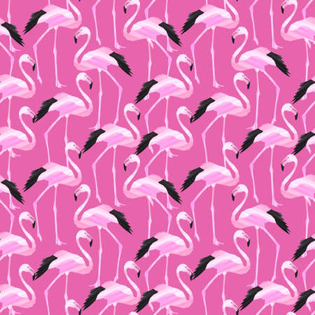 Seamless illustration with pink flamingos in paper cut style Digital paper with exotic birdsの写真素材