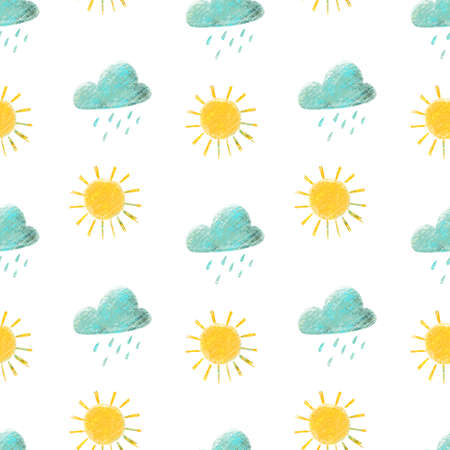 Seamless pattern with sun and rainy clouds Kids summer designの写真素材