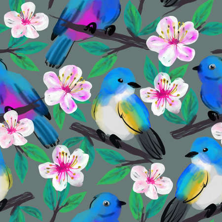 Bright seamless pattern with birds on the blooming cherry trees Spring illustrationの写真素材