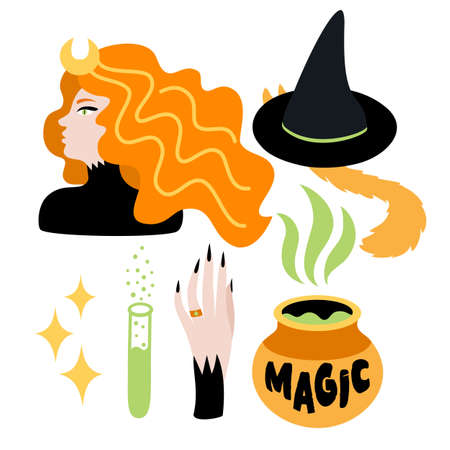 Witch, cauldron, potion, cat under hat, magic vector collection of objectsのイラスト素材