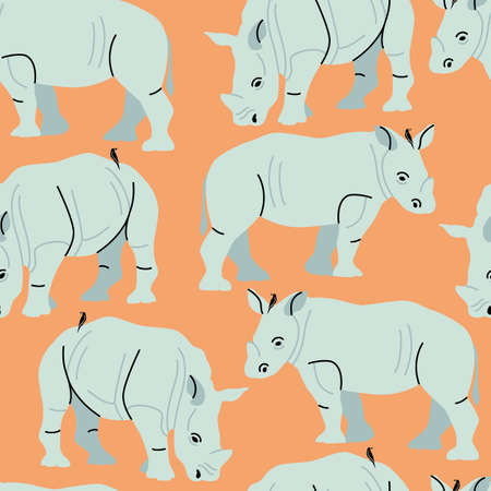 Vector seamless pattern with African rhinos Rhinoceros with a sitting birdのイラスト素材