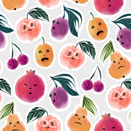 Seamless pattern with funny fruits cherry, apricot, apple, pear, plum, pomegranateの写真素材