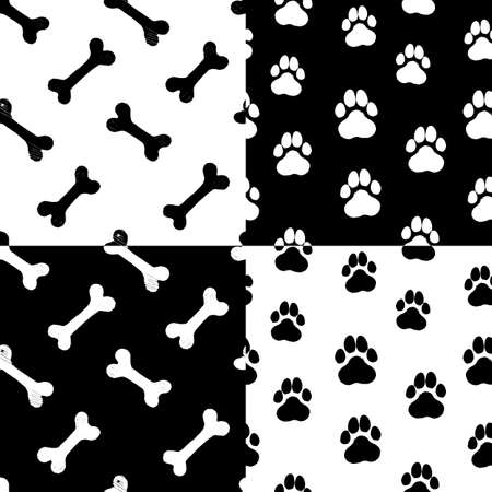 Vector set of 4 seamless patterns with paws and bones Black and white surface pattern designsのイラスト素材