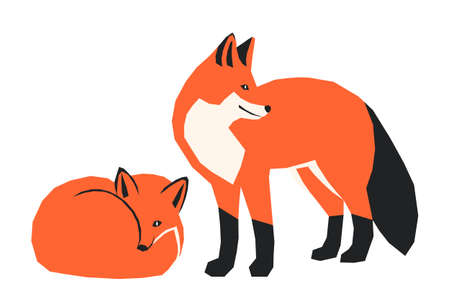Vector illustration of a pair of foxes, one lies, one stands, simple and bright childish designのイラスト素材