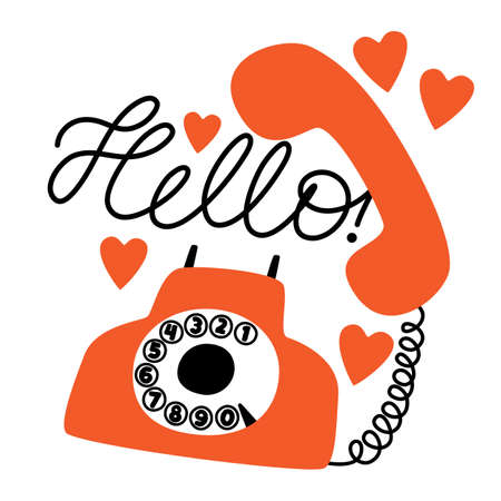 Vector greeting card with retro telephone and the inscription hello, red phone with hearts for valentines dayのイラスト素材