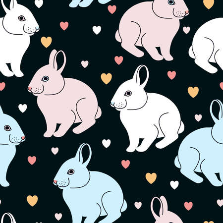 Cute seamless vector pattern with rabbits and hearts on a black backgroundのイラスト素材
