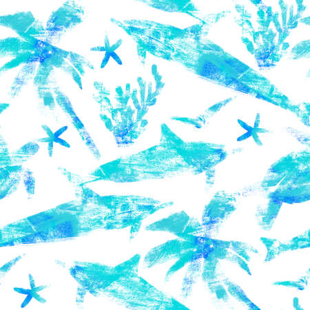 Seamless pattern with linocut prints on the theme of summer travel with turtles and dolphinsの写真素材