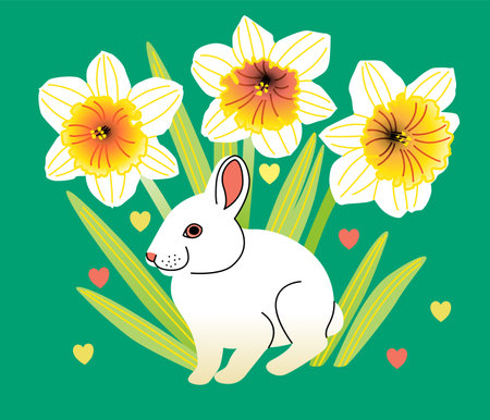 Easter vector illustration with a rabbit among blooming daffodilsのイラスト素材