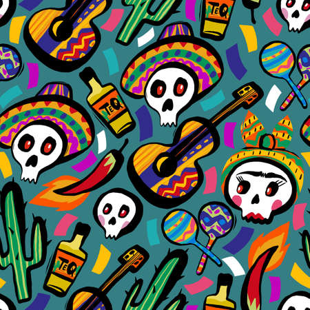 Seamless holiday pattern for the day of the dead with all the elements of this holidayの写真素材