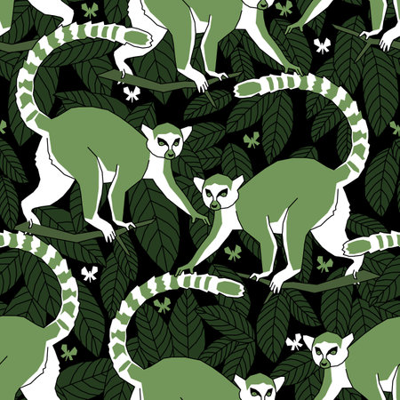 Vector seamless pattern with lemurs in the night tropical forest.のイラスト素材