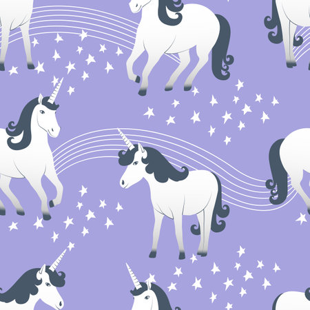 Vector seamless pattern with unicorns in the starry skyのイラスト素材