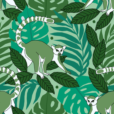 Vector seamless pattern with lemurs in the tropical forest.のイラスト素材