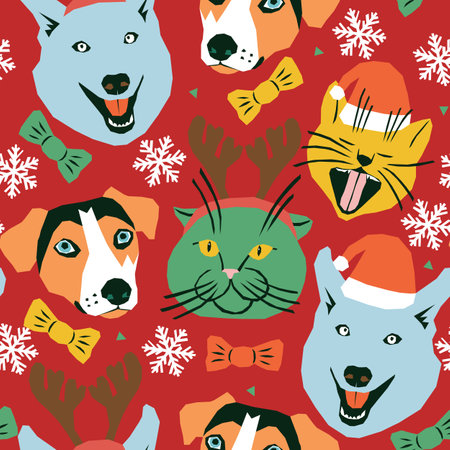 Vector seamless pattern with cats and dogs Christmas editionのイラスト素材