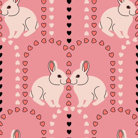 Vector seamless wallpaper pattern for valentines day with a pair of rabbits among the arches of heartsのイラスト素材