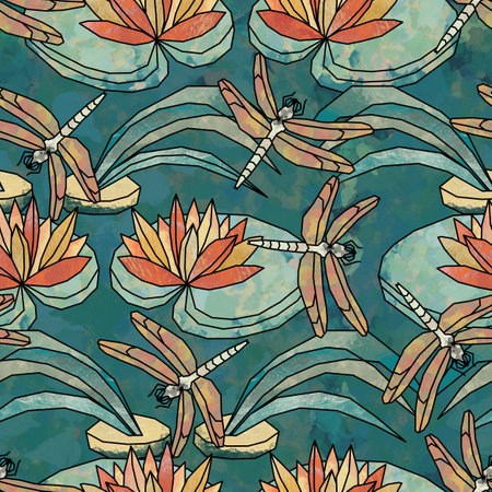 Seamless pattern in vintage stained glass technique style with a pond, water lilies and dragonfliesの写真素材