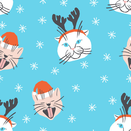 Vector seamless Christmas pattern with cats in deer and Santa hatsのイラスト素材