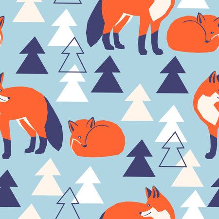 Vector seamless pattern with a couple of foxes in the forest among the treesのイラスト素材