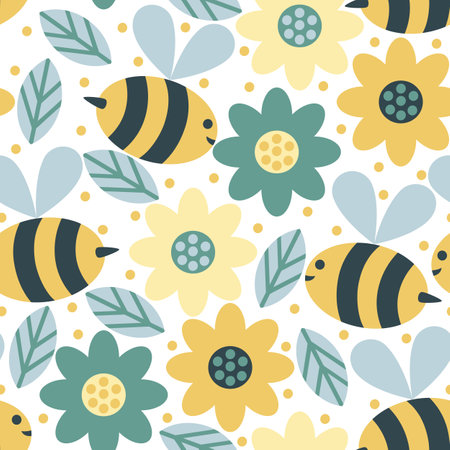 Seamless vector pattern with bees collecting honey in the meadow.のイラスト素材