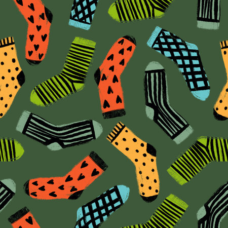 Seamless pattern with warm knitted socks on a green backgroundの写真素材