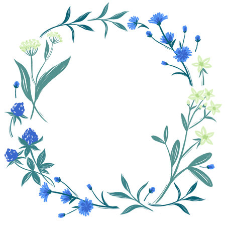 Romantic wreath or frame with wild yellow and blue field flowersの写真素材