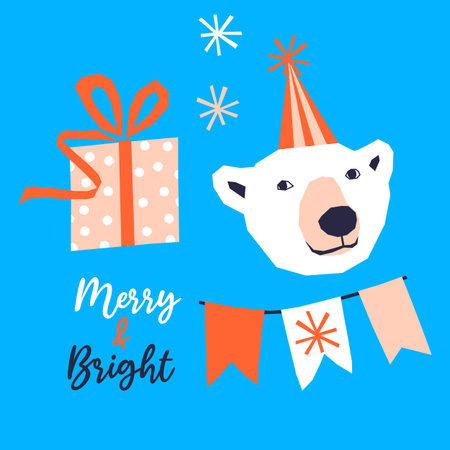 Vector set of Christmas illustrations with polar bear and giftのイラスト素材