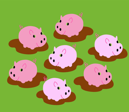Vector illustration of funny pigs playing in the mud on a farmのイラスト素材