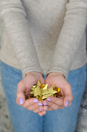 Many golden stars of foil in the hands of a girl. The atmosphere in the photo conveys the Christmas mood.の写真素材