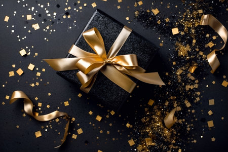 Gift box with a golden ribbon on a black background. Surprise. Festive background.の素材
