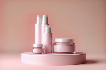 3d jars of cosmetics on a pastel color podium. Tubes and containers.の素材