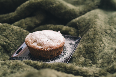 Homemade cupcake with powdered sugar on a black plate on a background of green textiles. The concept of a cozy breakfast in bedの写真素材